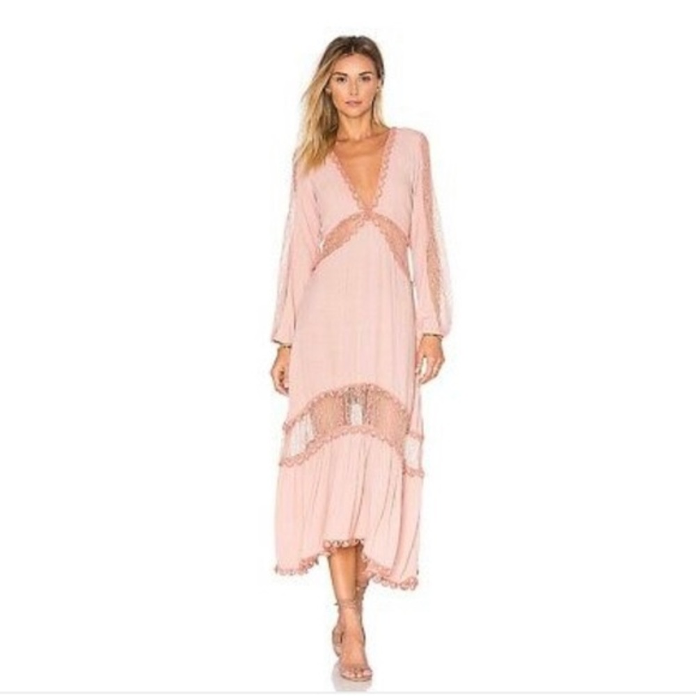 FOR LOVE & LEMONS LILOU MAXI DRESS PINK DUSTY ROSE HI LOW CROCHET LACE